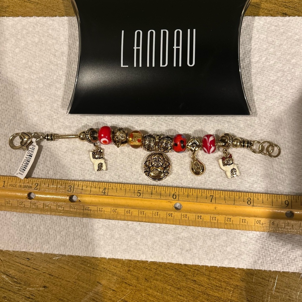 Landau Beaded Charm Bracelet with Red and Gold Accents